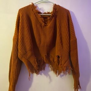 Frayed Trim Drop Shoulder Sweater in Burnt Orange